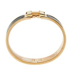 Pre Owned Hermes Clic H Gold Plate Black Enamel Cuff Bracelet PM