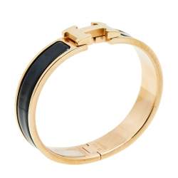Pre Owned Hermes Clic H Gold Plate Black Enamel Cuff Bracelet PM