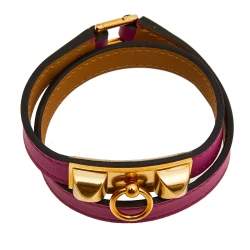 Pre Owned Hermes Rivale Double Tour Gold Tone Metal Pink Leather Bracelet T3