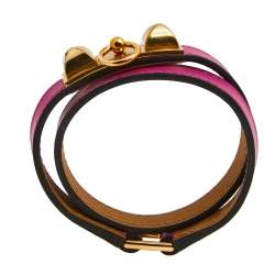Pre Owned Hermes Rivale Double Tour Gold Tone Metal Pink Leather Bracelet T3