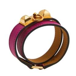 Pre Owned Hermes Rivale Double Tour Gold Tone Metal Pink Leather Bracelet T3