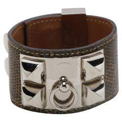 Hermes Brown Leather Lizard Collier de Chien Wide Bracelet 