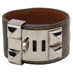 Hermes Brown Leather Lizard Collier de Chien Wide Bracelet 