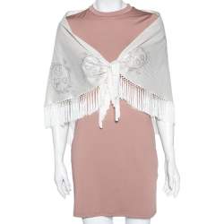 Pre Owned Hermés Silver Logo Printed Lurex Cotton Triangular Fringed Scarf