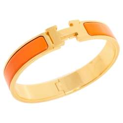 Pre Owned Hermès Clic H Orange Enamel Gold Plated Narrow Bracelet M