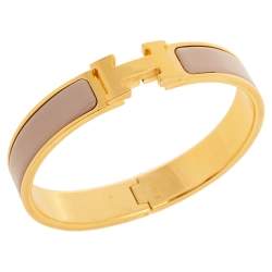 Pre Owned Hermès Clic H Beige Enamel Gold Plated Narrow Bracelet