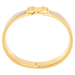 Pre Owned Hermès Clic H Beige Enamel Gold Plated Narrow Bracelet
