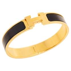Pre Owned Hermes Clic H Gold Plated Black Enamel Cuff Bracelet PM