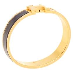 Pre Owned Hermes Clic H Gold Plated Black Enamel Cuff Bracelet PM
