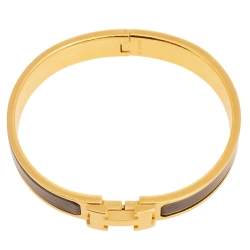 Pre Owned Hermes Clic H Gold Plated Black Enamel Cuff Bracelet PM