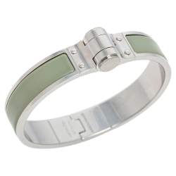 Hermes Green Enamel Palladium Plated Charniere Uni narrow Hinged Bracelet