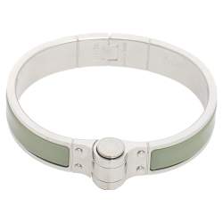 Hermes Green Enamel Palladium Plated Charniere Uni narrow Hinged Bracelet