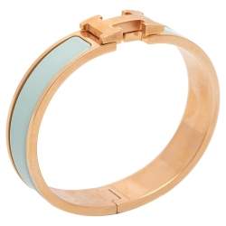 Pre Owned Hermes Lagoon Blue Enamel Gold Plated Clic H Bracelet