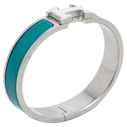 Pre Owned Hermes Blue Enamel Palladium Plated Clic H Bracelet
