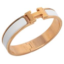 Pre Owned Hermes White Enamel Gold Plated Clic H Bracelet