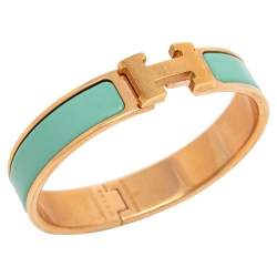Pre Owned Hermes Blue Enamel Gold Plated Clic H Bracelet