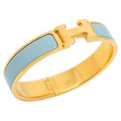 Pre Owned Hermes Blue Enamel Gold Plated Clic H Bracelet