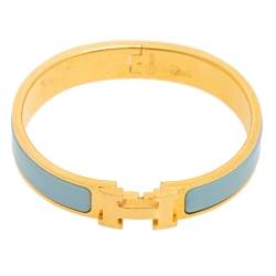 Pre Owned Hermes Blue Enamel Gold Plated Clic H Bracelet