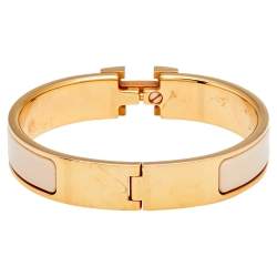 Pre Owned Hermès Clic H Cream Enamel Rose Gold Plated Narrow Bracelet