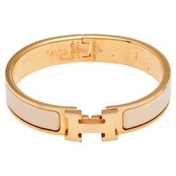 Pre Owned Hermès Clic H Cream Enamel Rose Gold Plated Narrow Bracelet