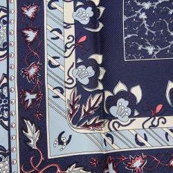 Pre Owned Hermès Blue Floral Print Silk Gavroche Scarf