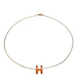 Pre Owned Hermès Rose Gold Plated Omega Chain Orange Lacquer Pop H Pendant Necklace