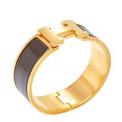 Pre Owned Hermès Clic Clac H Brown Enamel Gold Plated Wide Bracelet