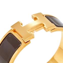Pre Owned Hermès Clic Clac H Brown Enamel Gold Plated Wide Bracelet