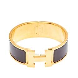 Pre Owned Hermès Clic Clac H Brown Enamel Gold Plated Wide Bracelet