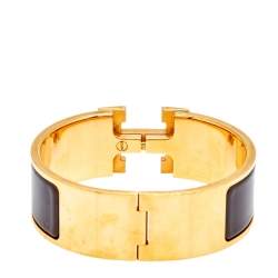Pre Owned Hermès Clic Clac H Brown Enamel Gold Plated Wide Bracelet