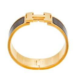 Pre Owned Hermès Clic Clac H Brown Enamel Gold Plated Wide Bracelet