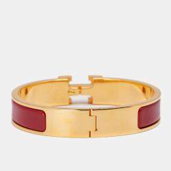 Pre Owned Hermès Clic H Red Enamel Gold Plated Narrow Bracelet