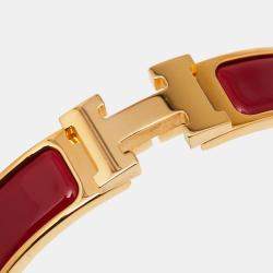 Pre Owned Hermès Clic H Red Enamel Gold Plated Narrow Bracelet