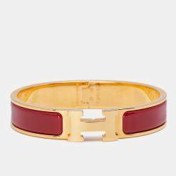 Pre Owned Hermès Clic H Red Enamel Gold Plated Narrow Bracelet