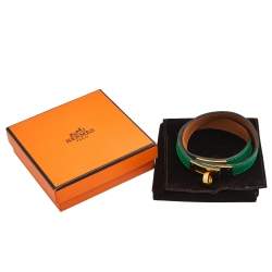 Pre Owned Hermes Green Leather Gold Plated Kelly Double Tour Bracelet