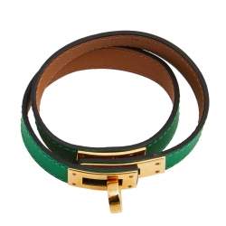 Pre Owned Hermes Green Leather Gold Plated Kelly Double Tour Bracelet
