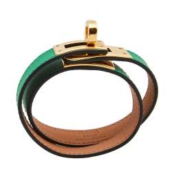 Pre Owned Hermes Green Leather Gold Plated Kelly Double Tour Bracelet