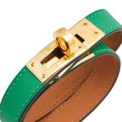 Pre Owned Hermes Green Leather Gold Plated Kelly Double Tour Bracelet