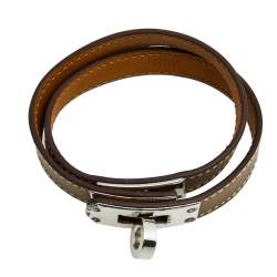 Pre Owned Hermès Taupe Leather Palladium Plated Kelly Double Tour Bracelet M