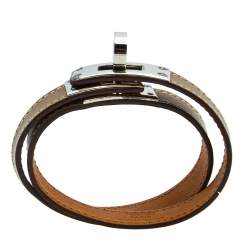Pre Owned Hermès Taupe Leather Palladium Plated Kelly Double Tour Bracelet M