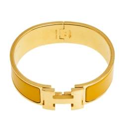 Pre Owned Hermès Clic Clac H Yellow Enamel Gold Plated Wide Bracelet