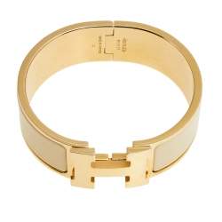 Pre Owned Hermès Clic Clac H Cream Enamel Rose Gold Plated Wide Bracelet