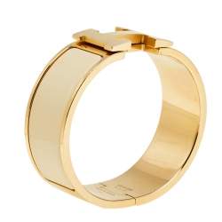 Pre Owned Hermès Clic Clac H Cream Enamel Rose Gold Plated Wide Bracelet