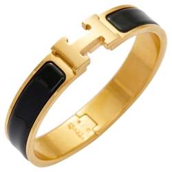 Pre Owned Hermes Clic H Black Enamel Gold Tone Metal Bracelet PM