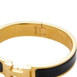 Pre Owned Hermes Clic H Black Enamel Gold Tone Metal Bracelet PM
