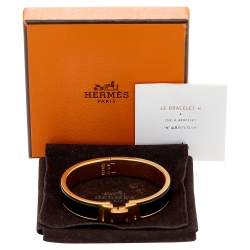 Pre Owned Hermes Clic H Black Enamel Gold Tone Metal Bracelet PM