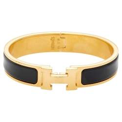 Pre Owned Hermes Clic H Black Enamel Gold Tone Metal Bracelet PM