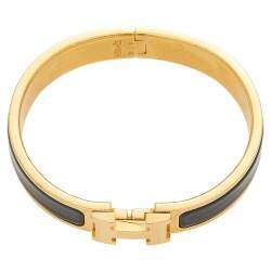 Pre Owned Hermes Clic H Black Enamel Gold Tone Metal Bracelet PM