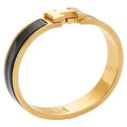 Pre Owned Hermes Clic H Black Enamel Gold Tone Metal Bracelet PM
