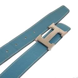 Pre Owned Hermes Blue Jean/Blanc Epsom and Swift Leather H Buckle Reversible Belt 95CM